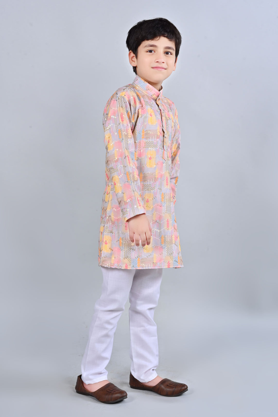 Boys Rayon Digital HD Print Sequined Kurta Pajama Set - Multicolor | SHOBITAM