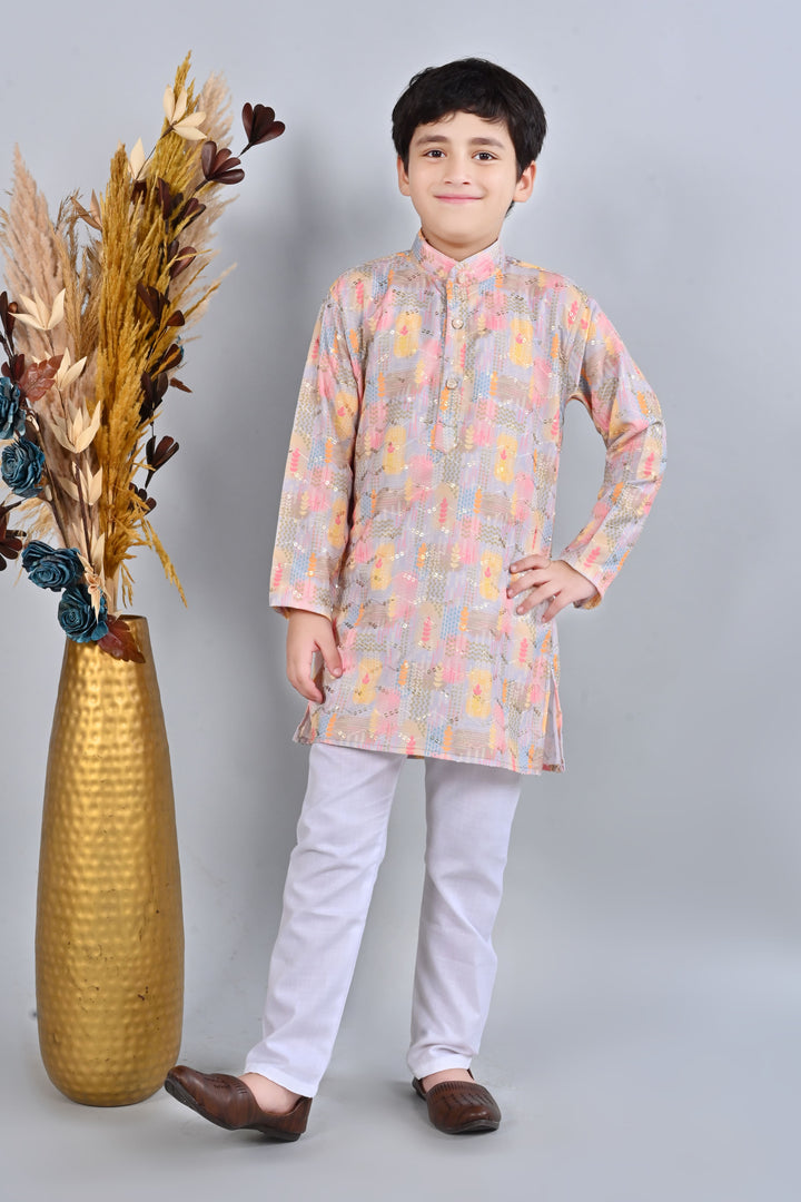 Boys Rayon Digital HD Print Sequined Kurta Pajama Set - Multicolor | SHOBITAM