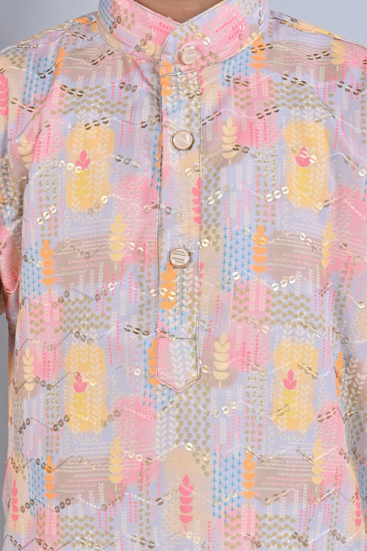 Boys Rayon Digital HD Print Sequined Kurta Pajama Set - Multicolor | SHOBITAM