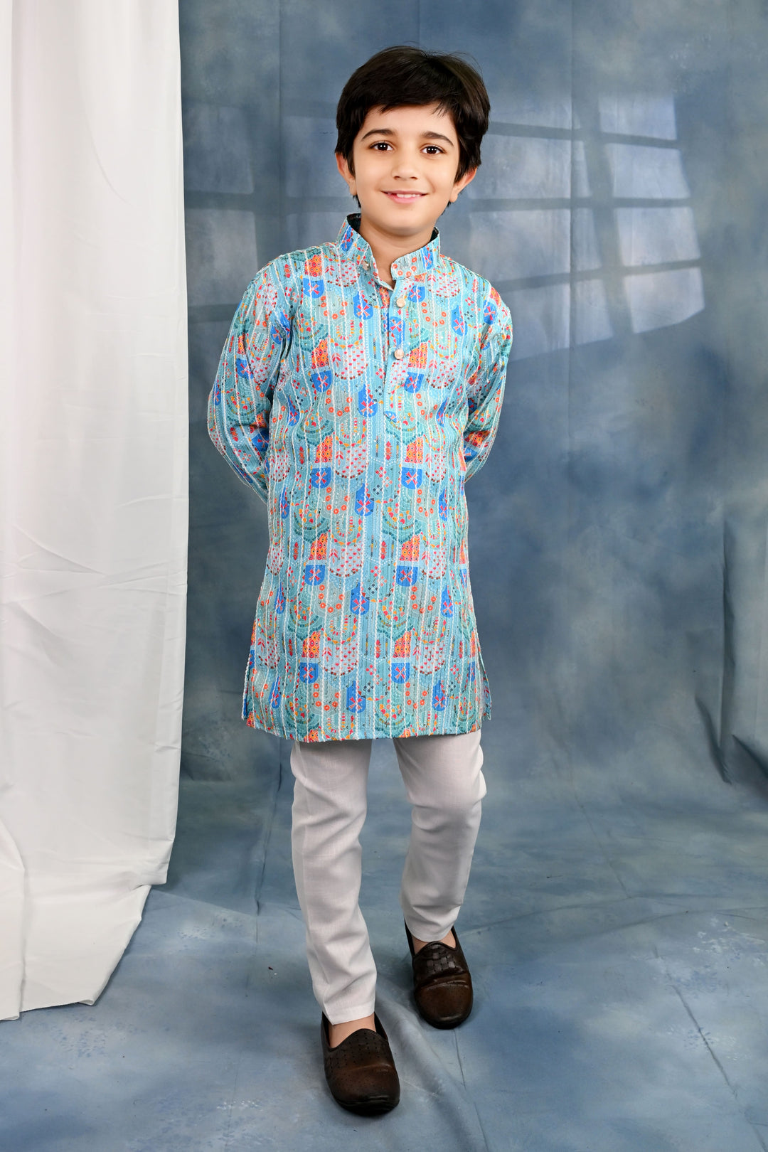 Boys Cotton Crochet Sequins Jaipuriya Printed Kurta and Pyjama Set - Light Blue