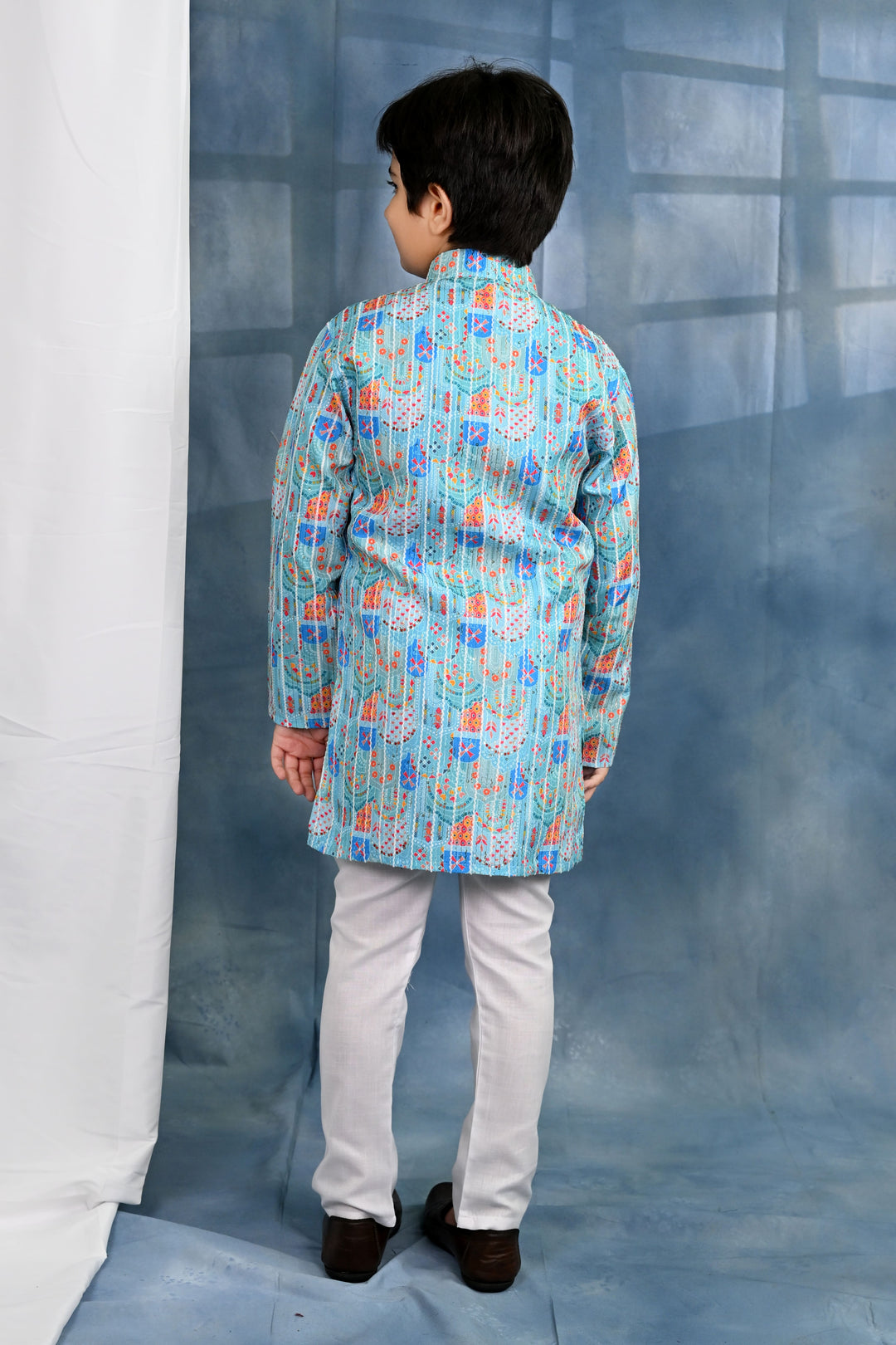 Boys Cotton Crochet Sequins Jaipuriya Printed Kurta and Pyjama Set - Light Blue