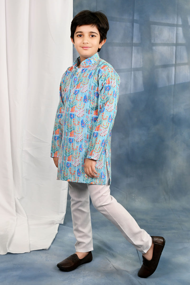 Boys Cotton Crochet Sequins Jaipuriya Printed Kurta and Pyjama Set - Light Blue