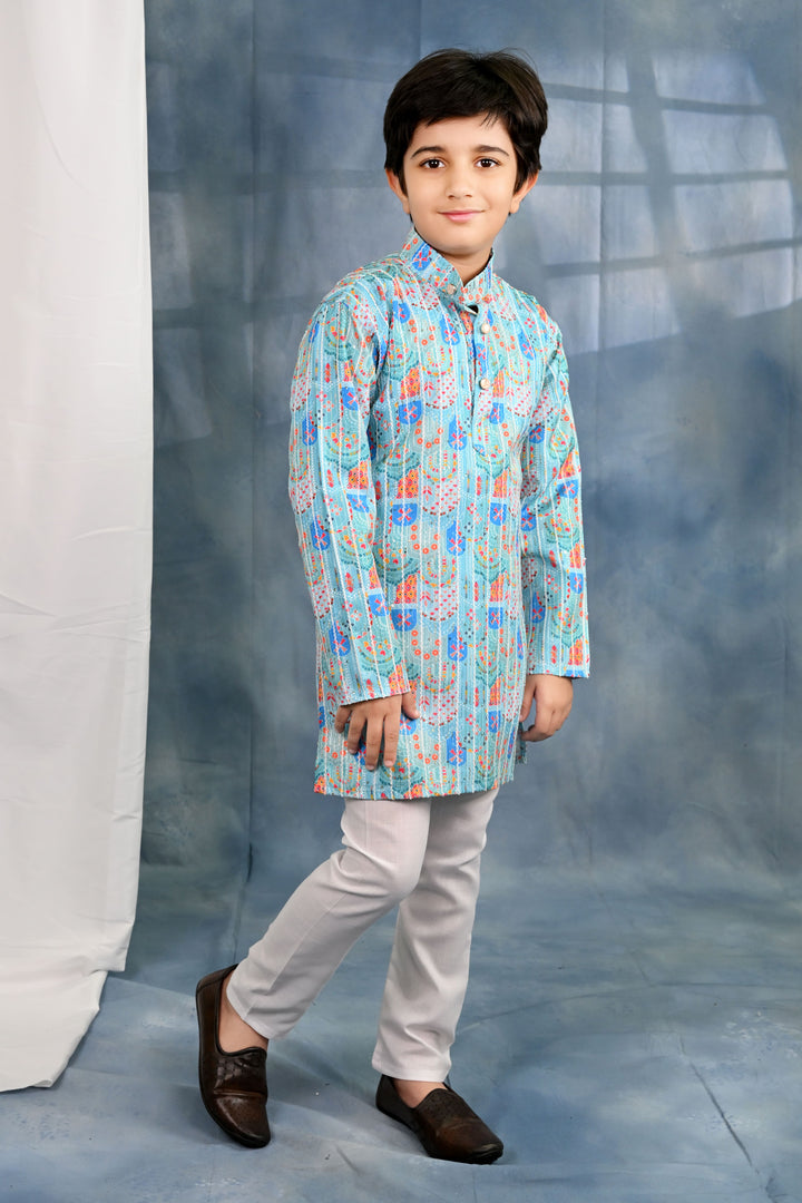Boys Cotton Crochet Sequins Jaipuriya Printed Kurta and Pyjama Set - Light Blue
