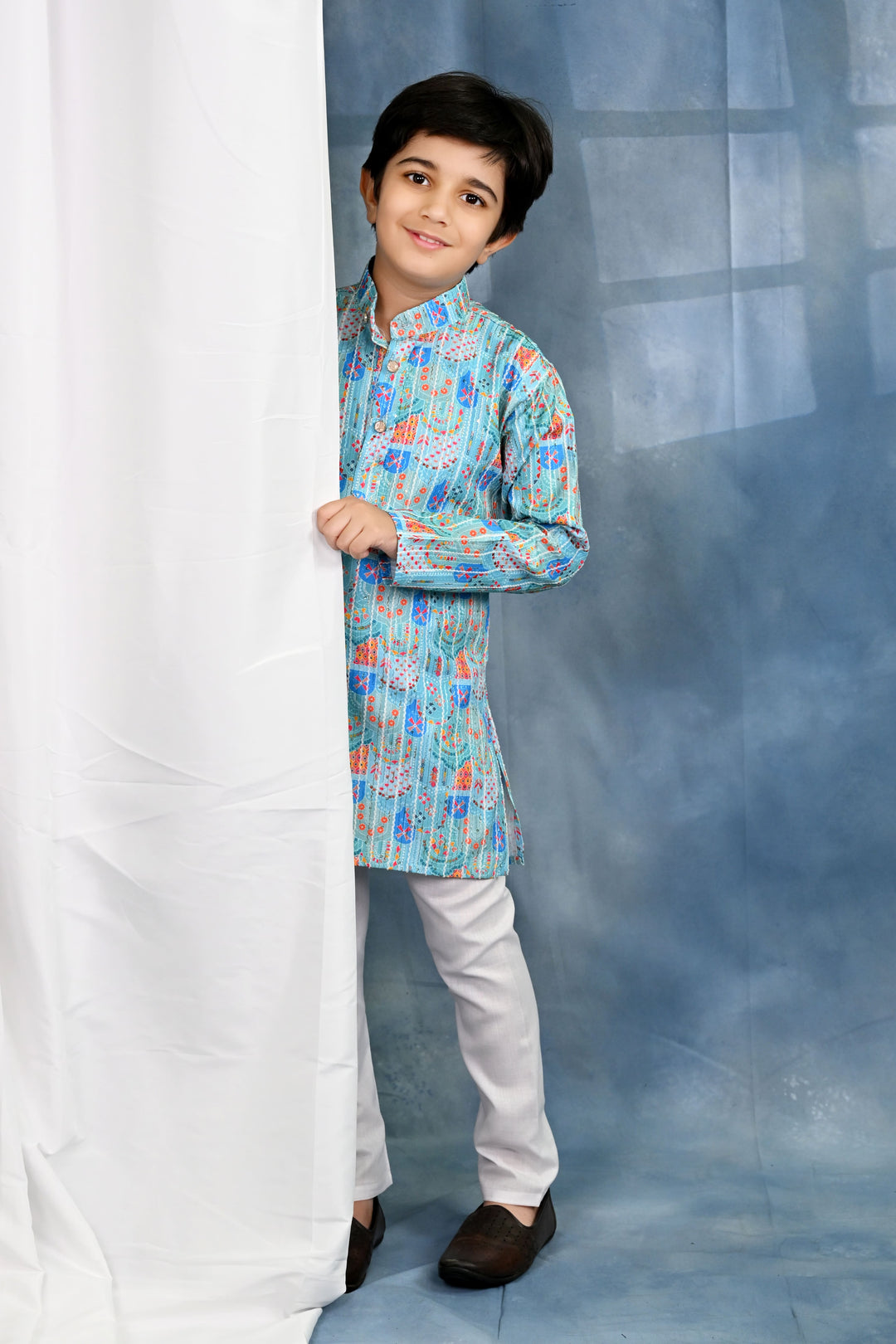 Boys Cotton Crochet Sequins Jaipuriya Printed Kurta and Pyjama Set - Light Blue
