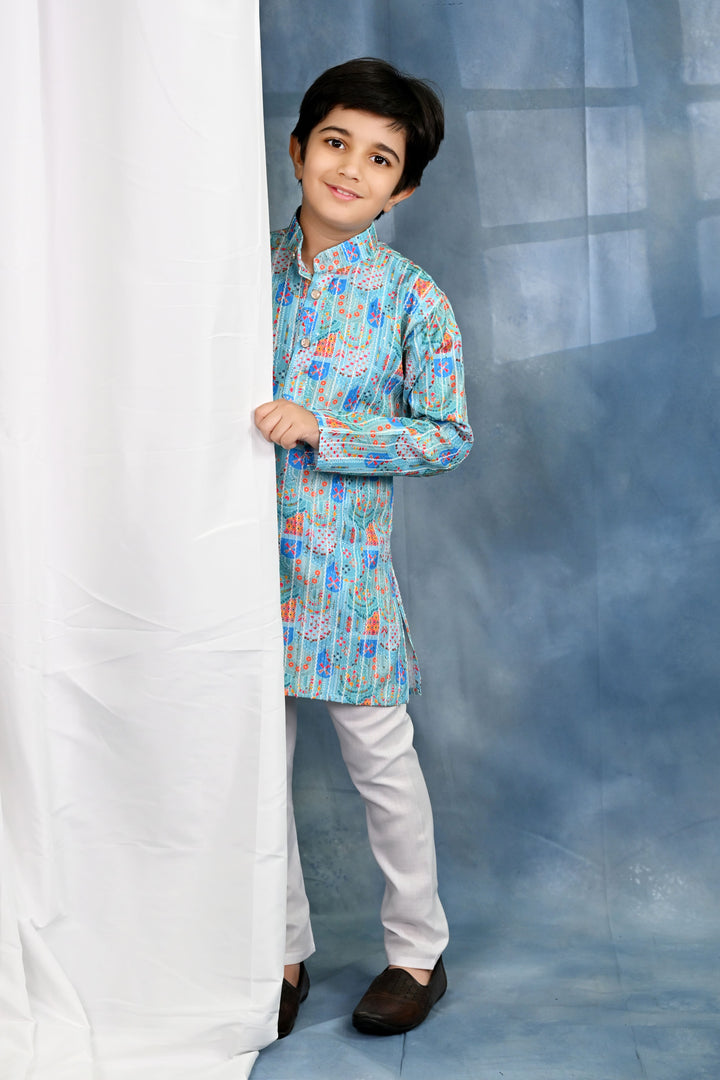 Boys Cotton Crochet Sequins Jaipuriya Printed Kurta and Pyjama Set - Light Blue