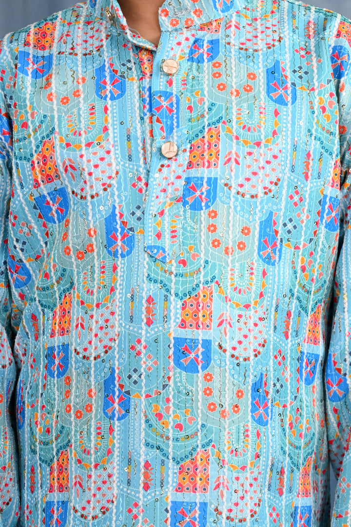 Boys Cotton Crochet Sequins Jaipuriya Printed Kurta and Pyjama Set - Light Blue