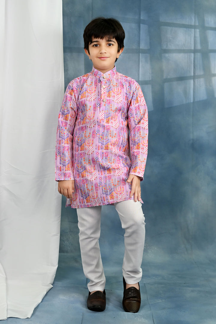 Boys Cotton Crochet Sequins Jaipuriya Printed Kurta and Pyjama Set - Lavender Pink | SHOBITAM