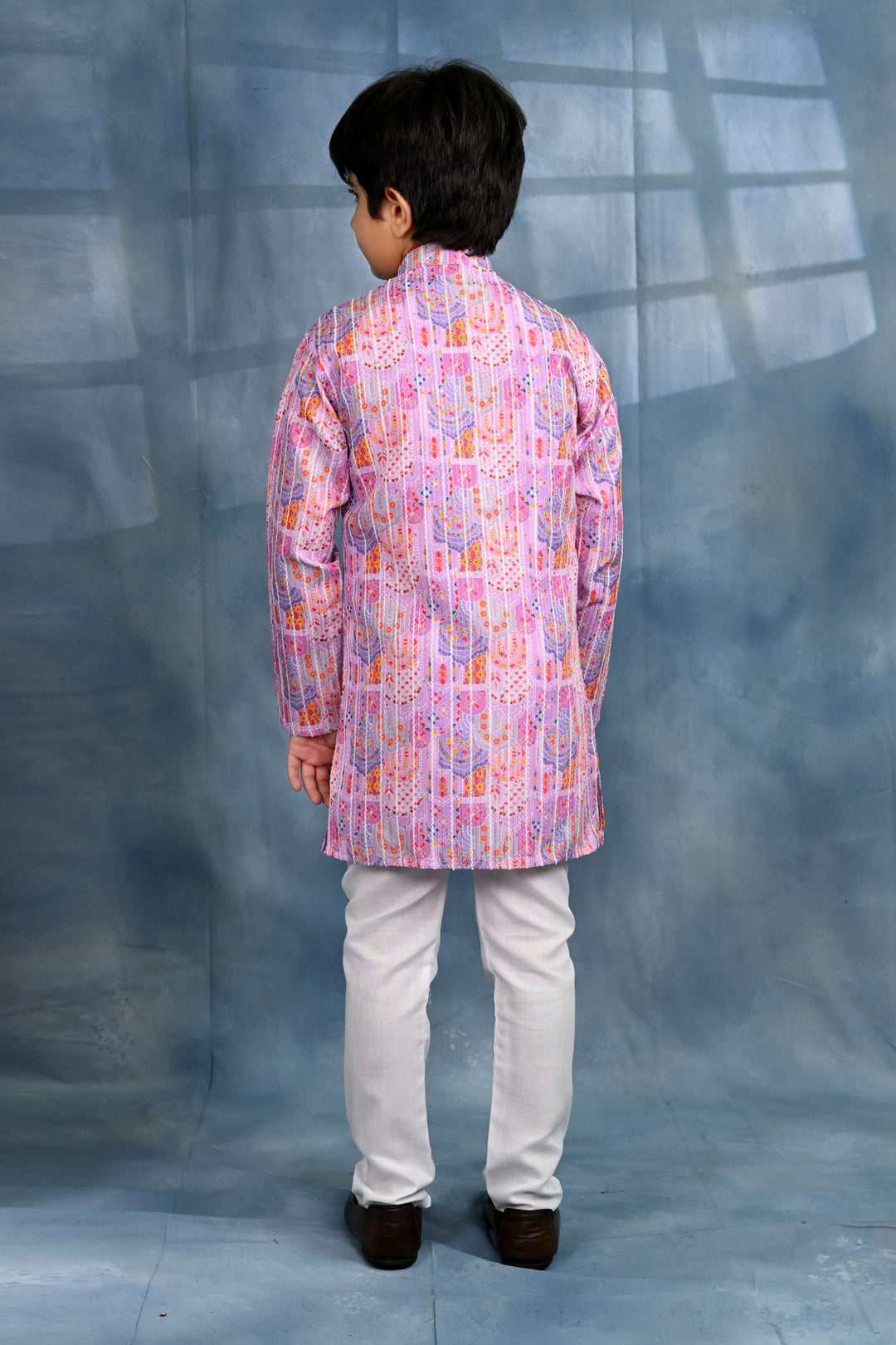 Boys Cotton Crochet Sequins Jaipuriya Printed Kurta and Pyjama Set - Lavender Pink | SHOBITAM