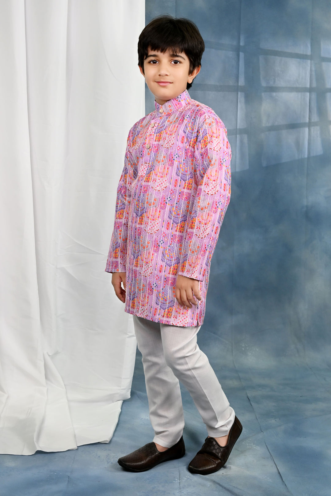 Boys Cotton Crochet Sequins Jaipuriya Printed Kurta and Pyjama Set - Lavender Pink | SHOBITAM