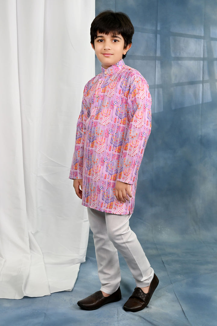 Boys Cotton Crochet Sequins Jaipuriya Printed Kurta and Pyjama Set - Lavender Pink | SHOBITAM