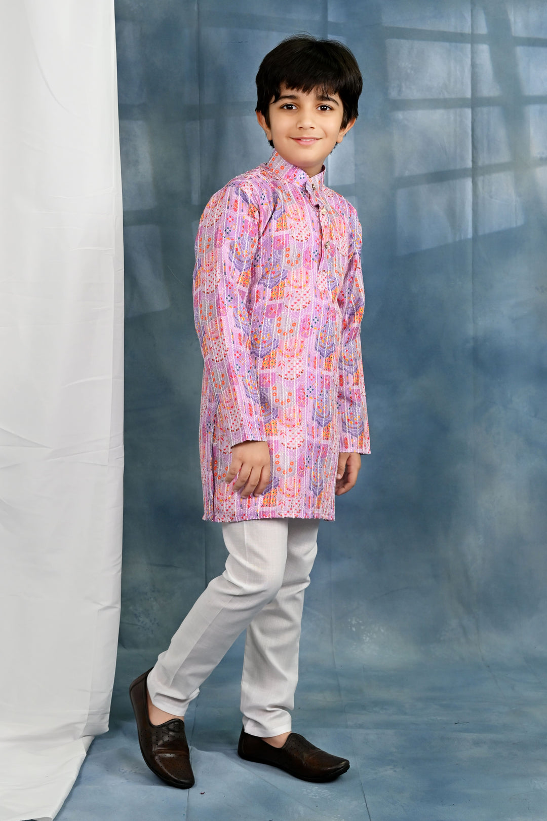 Boys Cotton Crochet Sequins Jaipuriya Printed Kurta and Pyjama Set - Lavender Pink | SHOBITAM