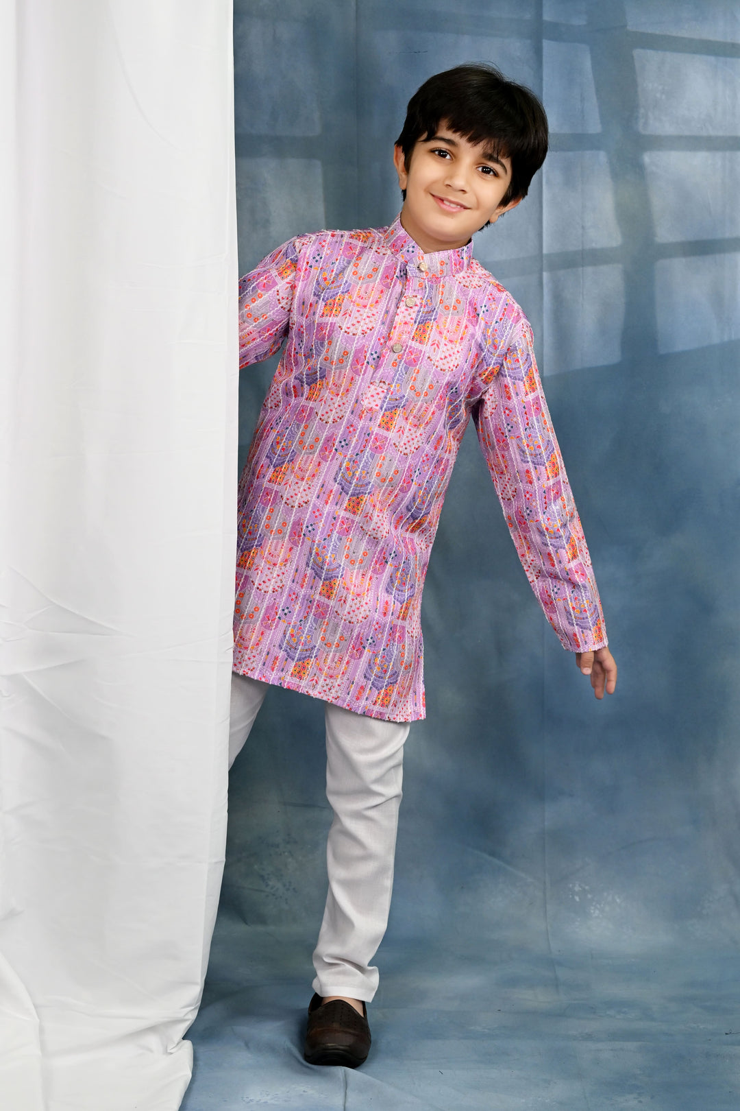Boys Cotton Crochet Sequins Jaipuriya Printed Kurta and Pyjama Set - Lavender Pink | SHOBITAM