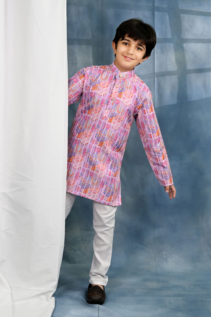 Boys Cotton Crochet Sequins Jaipuriya Printed Kurta and Pyjama Set - Lavender Pink | SHOBITAM