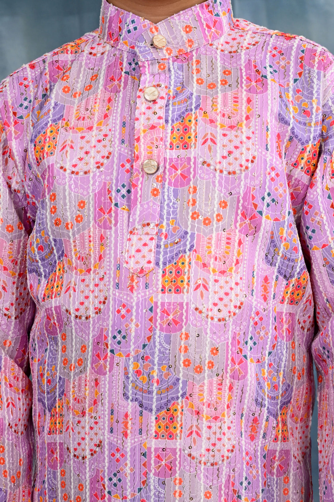 Boys Cotton Crochet Sequins Jaipuriya Printed Kurta and Pyjama Set - Lavender Pink | SHOBITAM