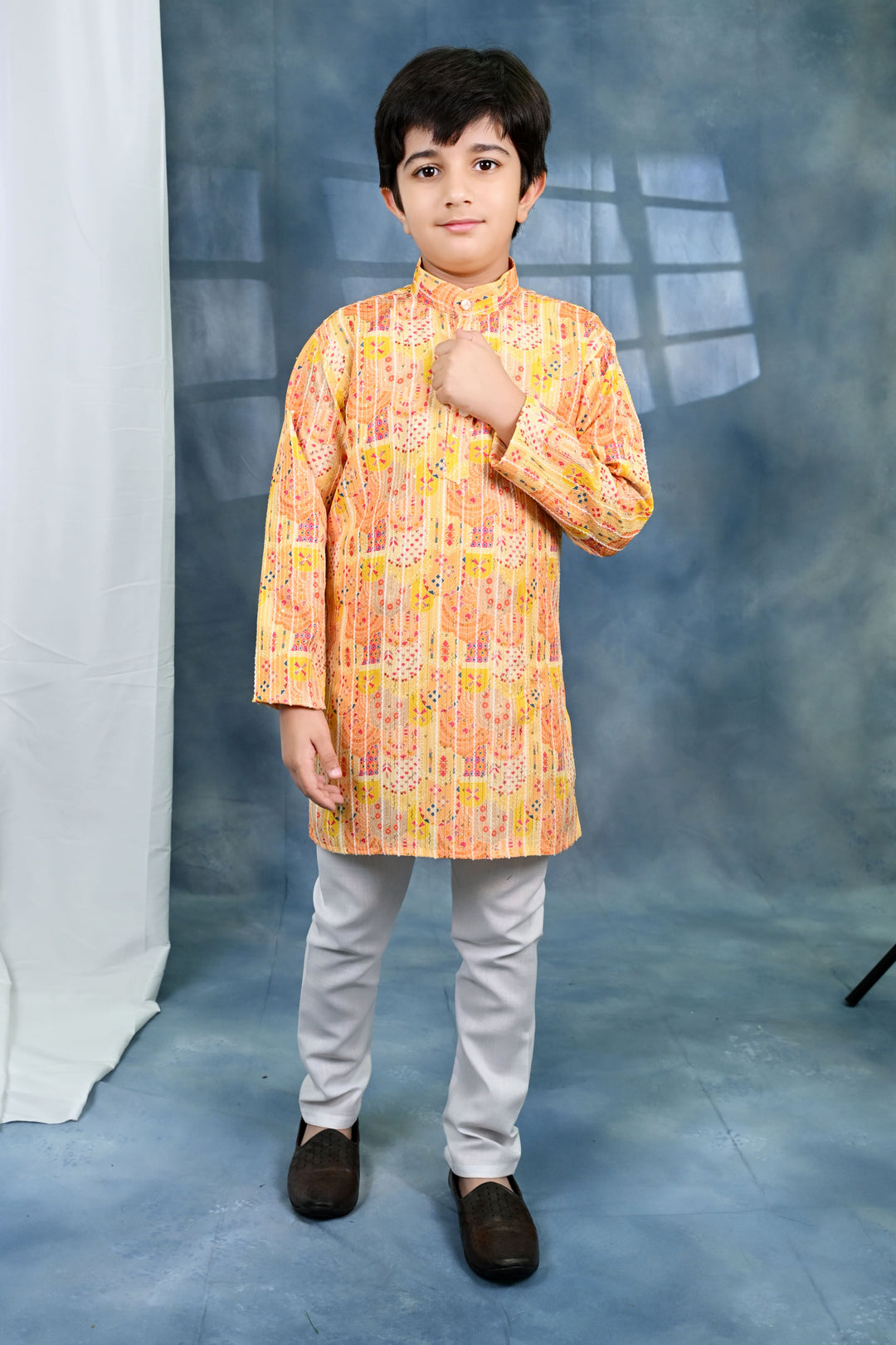 Boys Cotton Crochet Sequins Jaipuriya Printed Kurta and Pyjama Set - Yellow | SHOBITAM