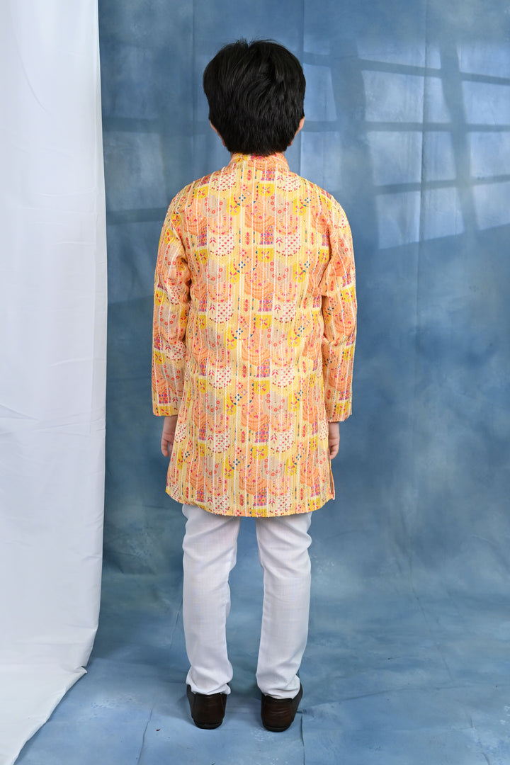 Boys Cotton Crochet Sequins Jaipuriya Printed Kurta and Pyjama Set - Yellow | SHOBITAM