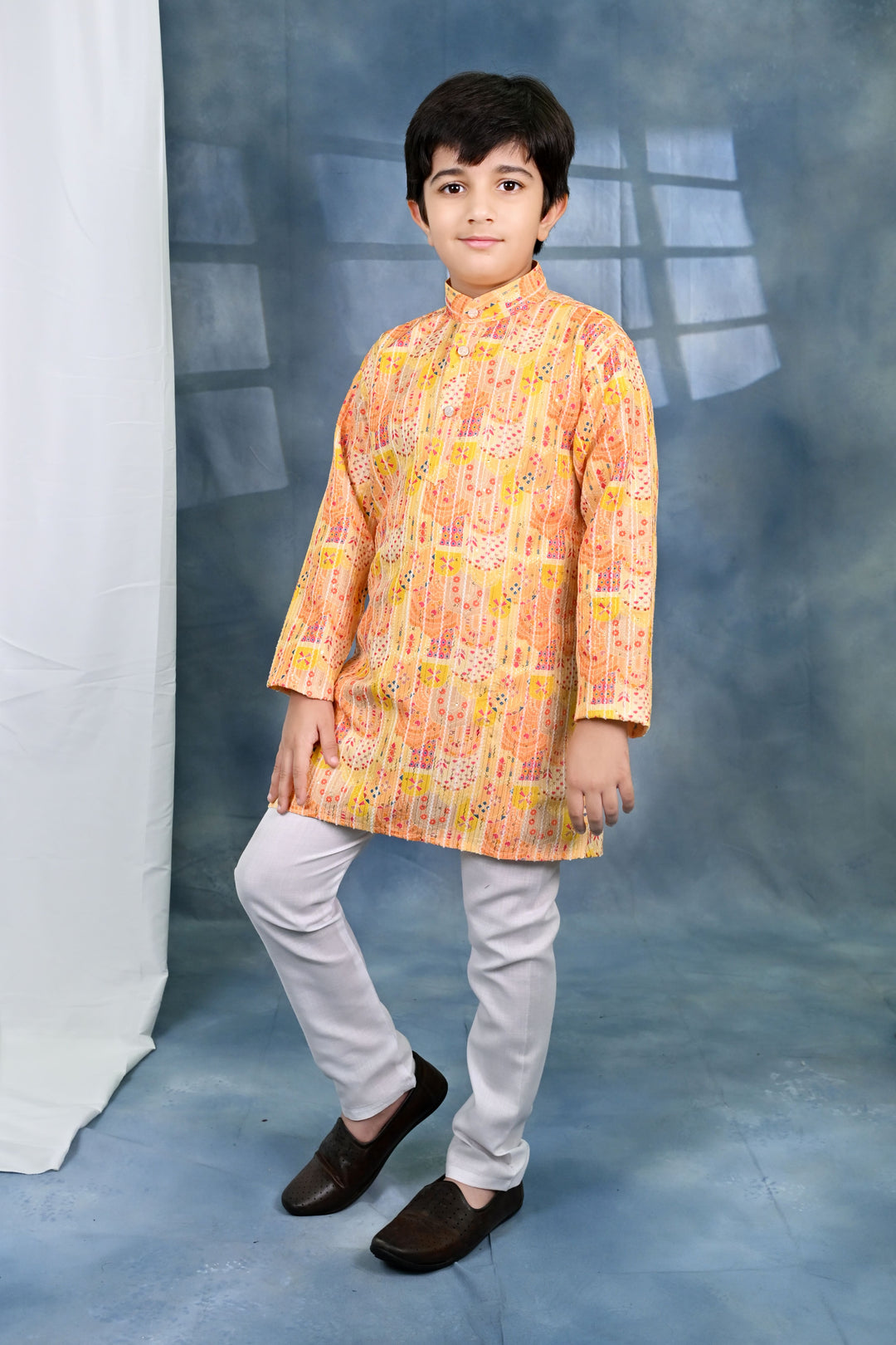 Boys Cotton Crochet Sequins Jaipuriya Printed Kurta and Pyjama Set - Yellow | SHOBITAM