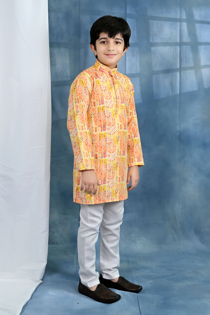 Boys Cotton Crochet Sequins Jaipuriya Printed Kurta and Pyjama Set - Yellow | SHOBITAM