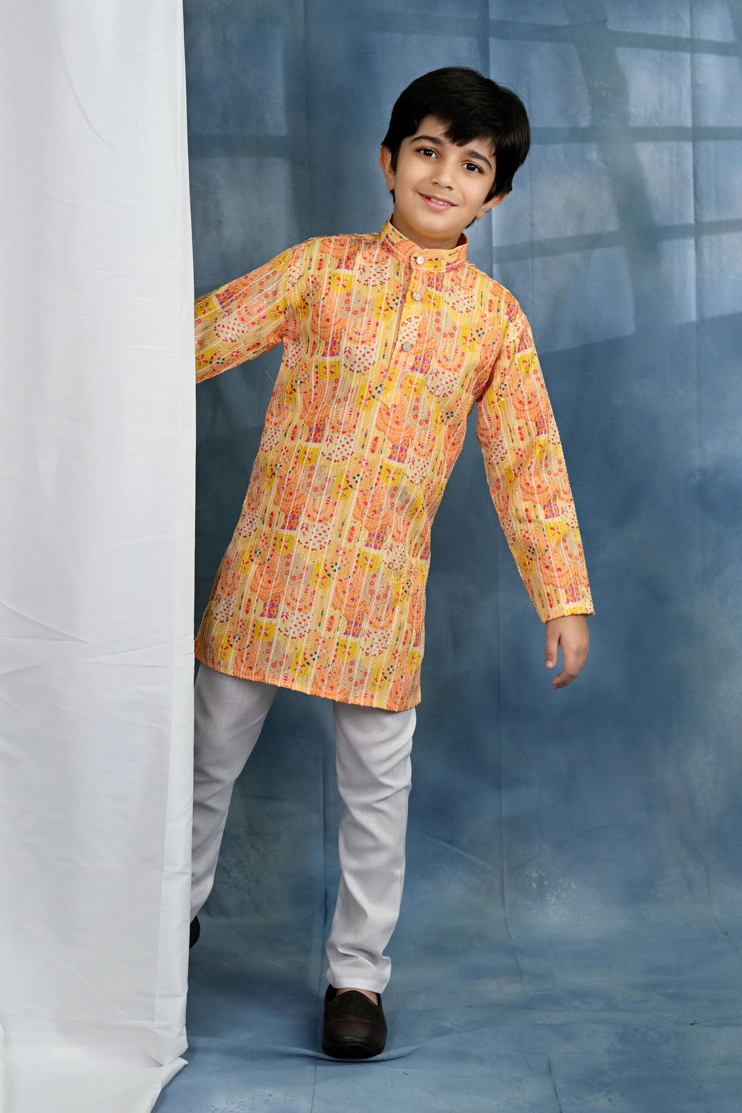 Boys Cotton Crochet Sequins Jaipuriya Printed Kurta and Pyjama Set - Yellow | SHOBITAM