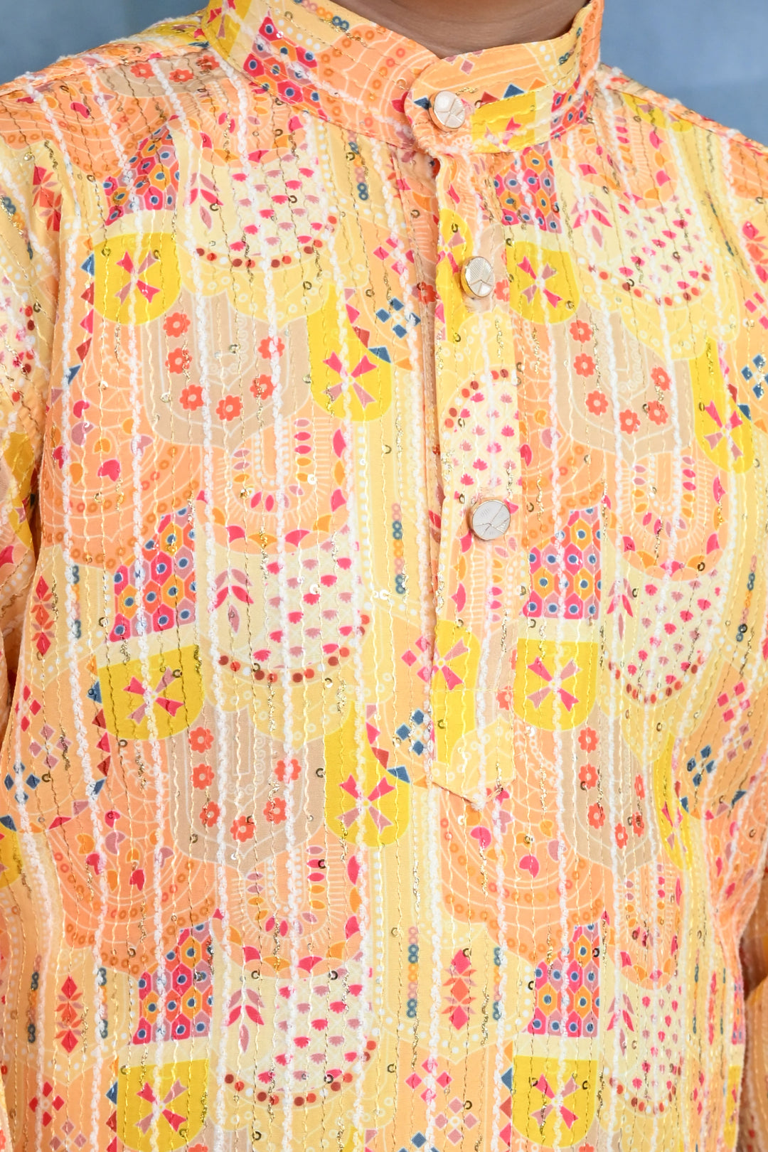 Boys Cotton Crochet Sequins Jaipuriya Printed Kurta and Pyjama Set - Yellow | SHOBITAM