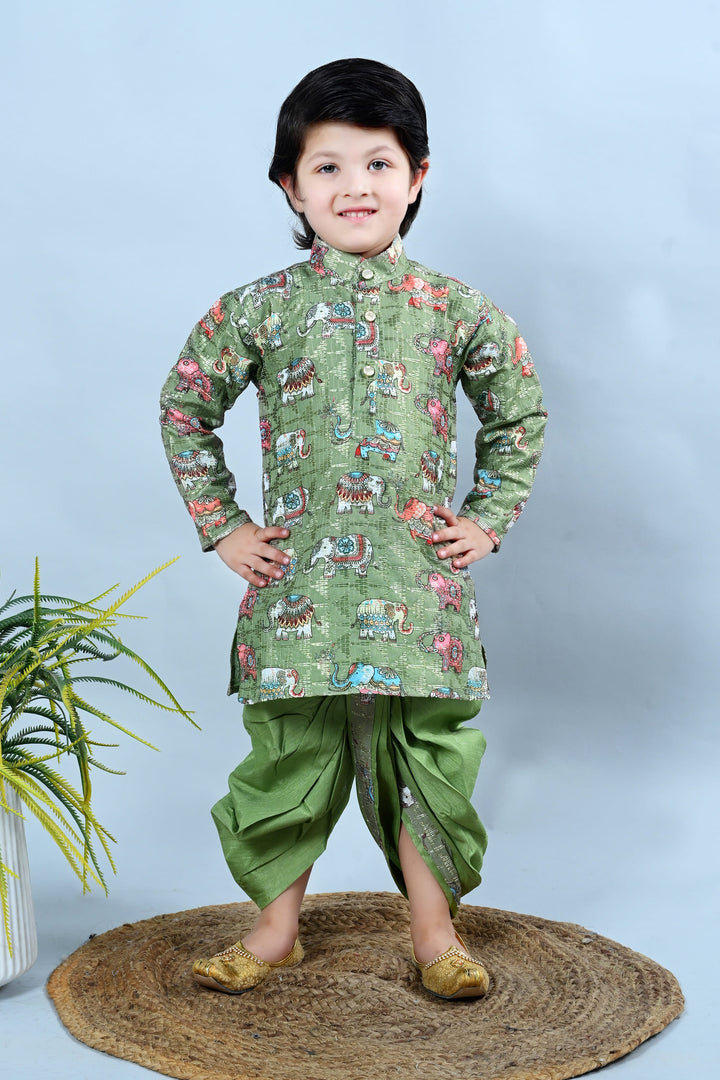 Boys Cotton Silk Crochet Animal Printed Kurta & Dhoti Set - Green | SHOBITAM