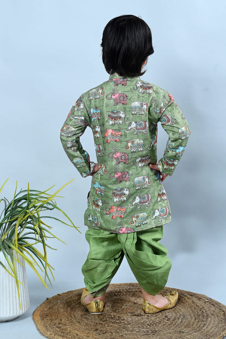 Boys Cotton Silk Crochet Animal Printed Kurta & Dhoti Set - Green | SHOBITAM