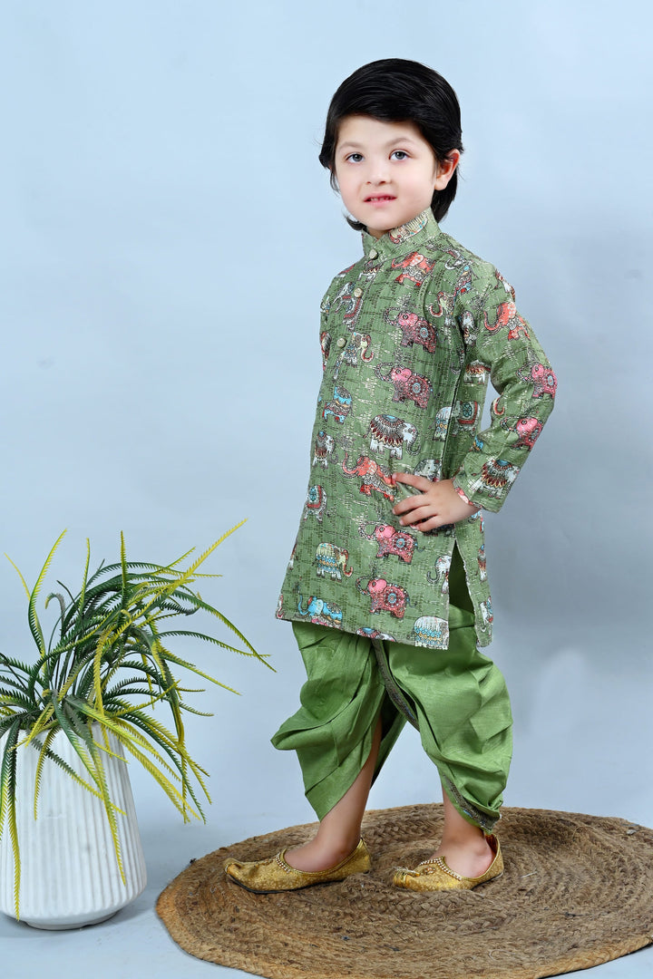 Boys Cotton Silk Crochet Animal Printed Kurta & Dhoti Set - Green | SHOBITAM