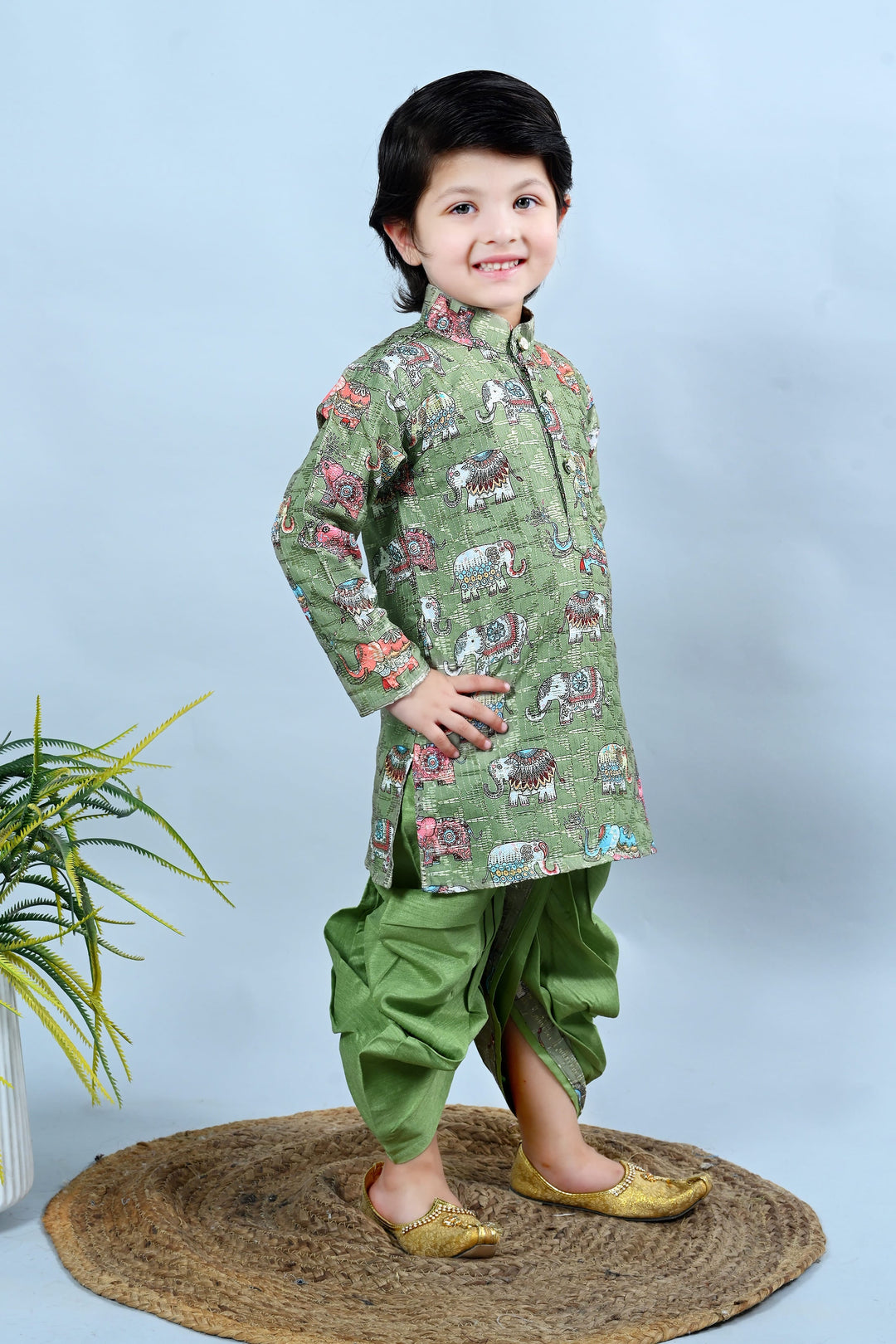 Boys Cotton Silk Crochet Animal Printed Kurta & Dhoti Set - Green | SHOBITAM