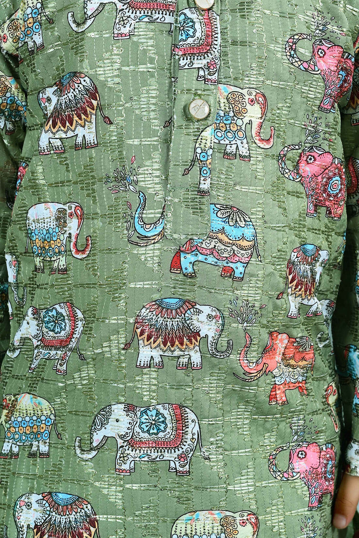 Boys Cotton Silk Crochet Animal Printed Kurta & Dhoti Set - Green | SHOBITAM
