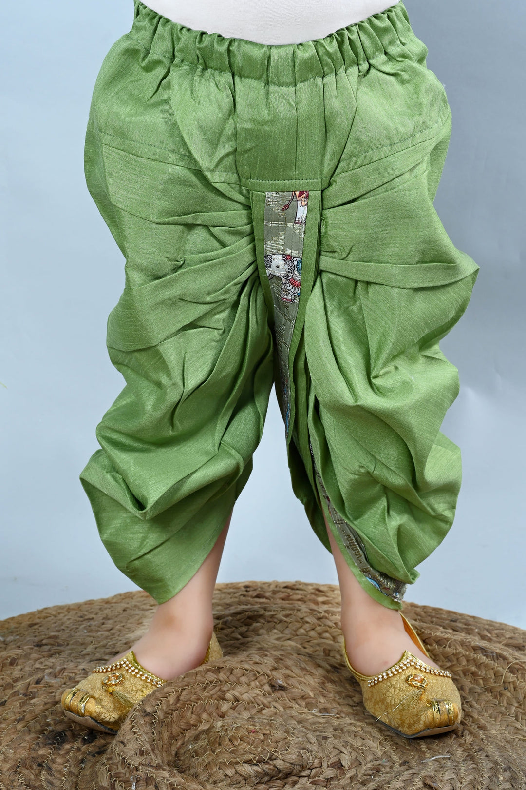 Boys Cotton Silk Crochet Animal Printed Kurta & Dhoti Set - Green | SHOBITAM