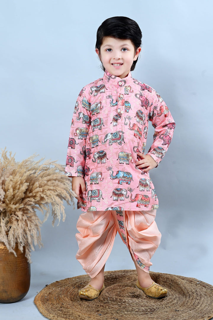 Boys Cotton Silk Crochet Animal Printed Kurta & Dhoti Set - Baby Pink | SHOBITAM