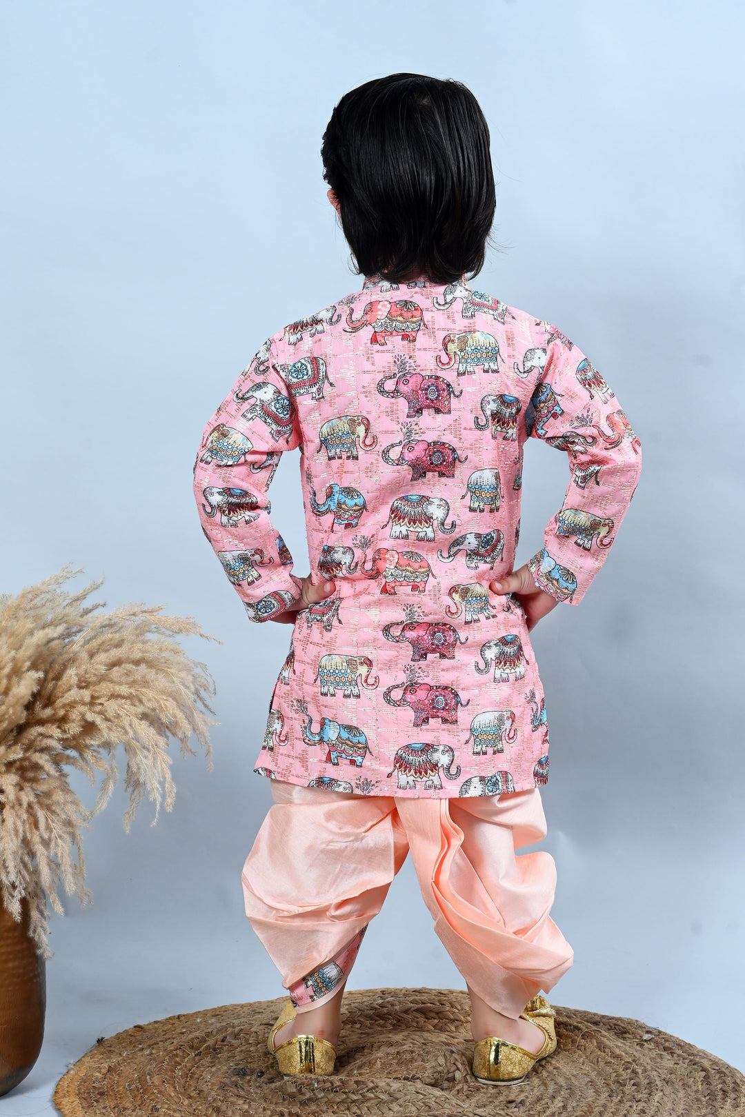 Boys Cotton Silk Crochet Animal Printed Kurta & Dhoti Set - Baby Pink | SHOBITAM