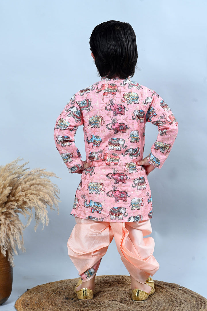 Boys Cotton Silk Crochet Animal Printed Kurta & Dhoti Set - Baby Pink | SHOBITAM