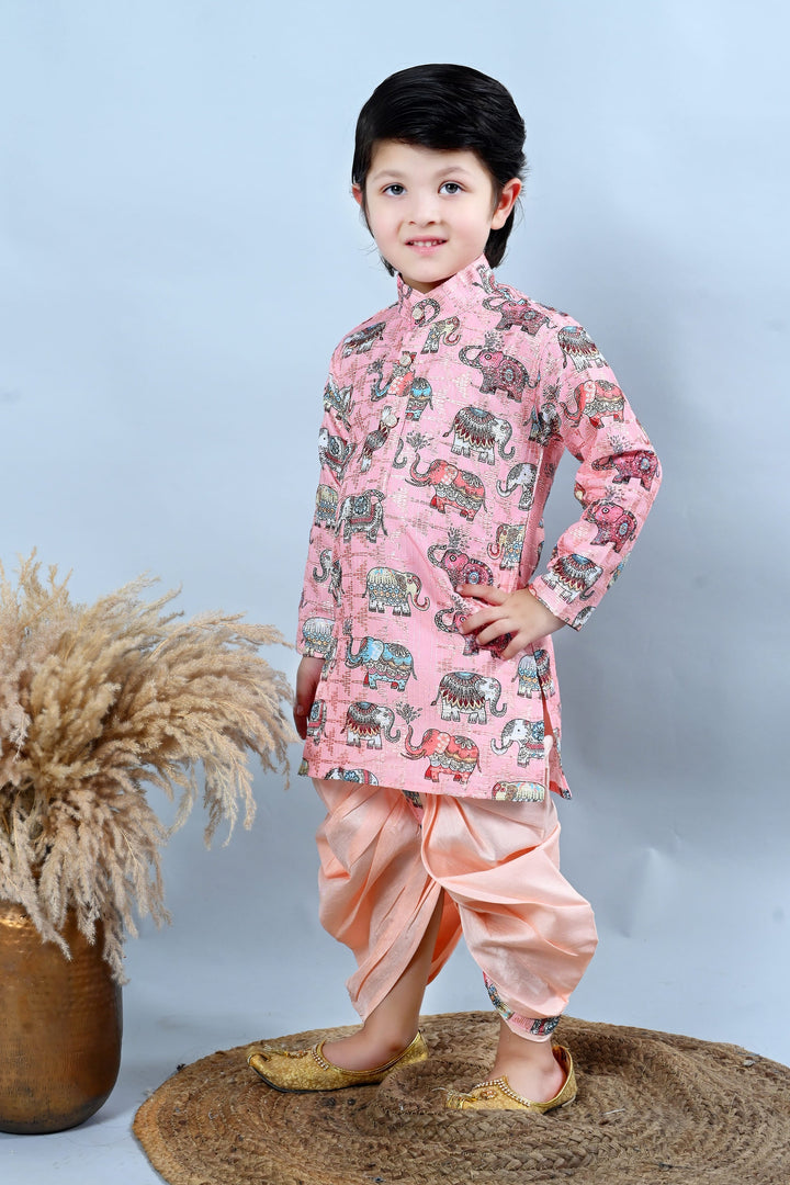 Boys Cotton Silk Crochet Animal Printed Kurta & Dhoti Set - Baby Pink | SHOBITAM