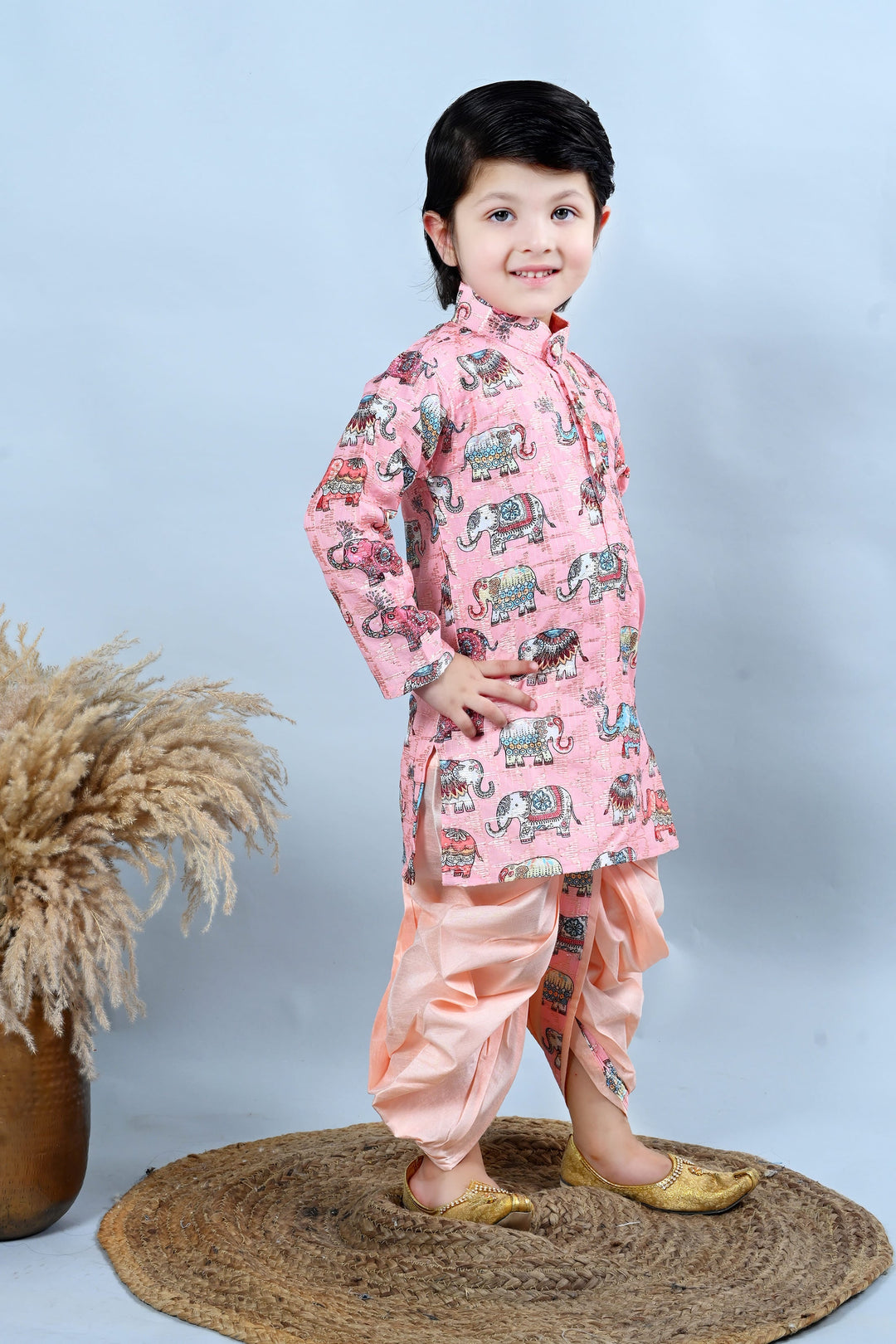 Boys Cotton Silk Crochet Animal Printed Kurta & Dhoti Set - Baby Pink | SHOBITAM