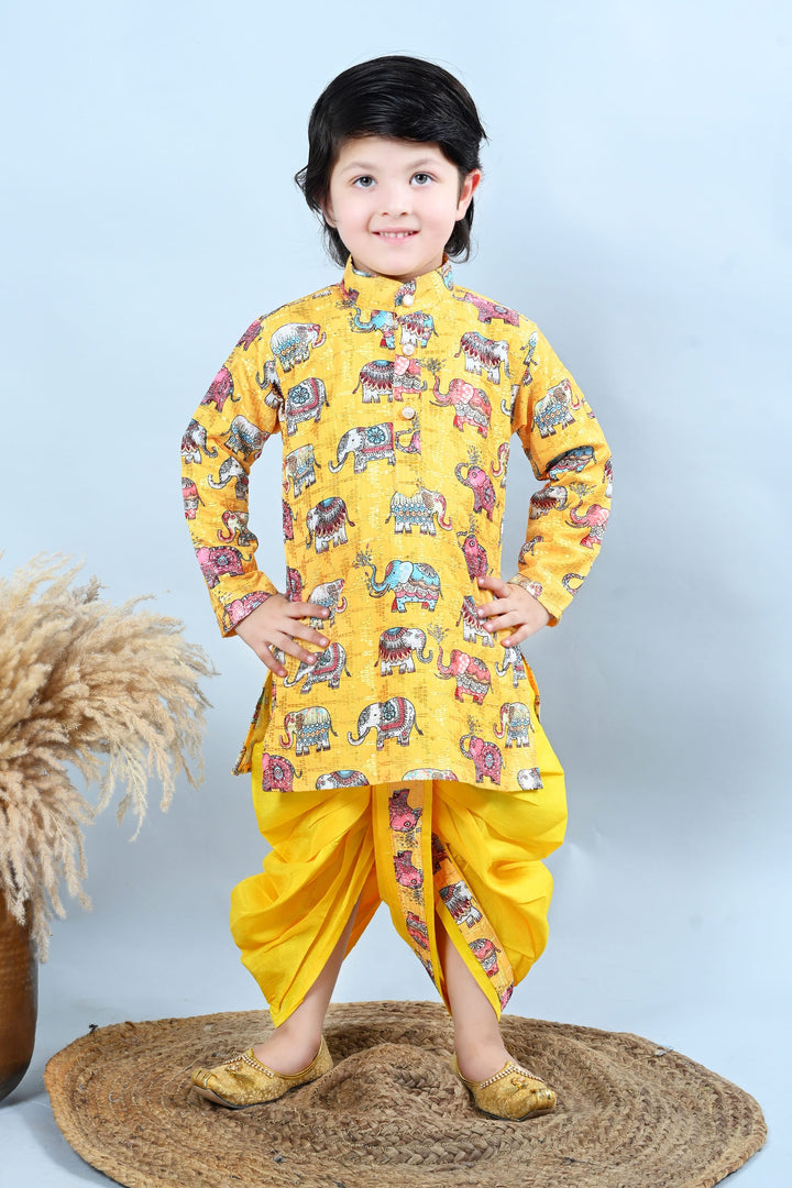 Boys Cotton Silk Crochet Animal Printed Kurta & Dhoti Set - Yellow | SHOBITAM