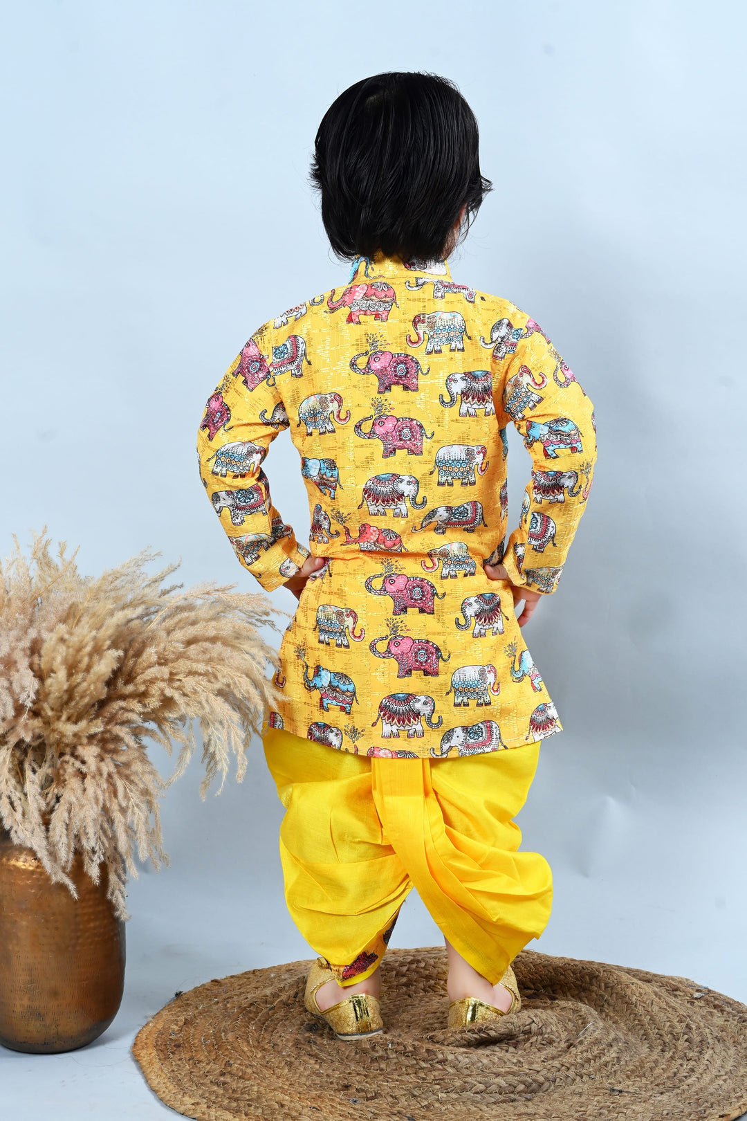 Boys Cotton Silk Crochet Animal Printed Kurta & Dhoti Set - Yellow | SHOBITAM