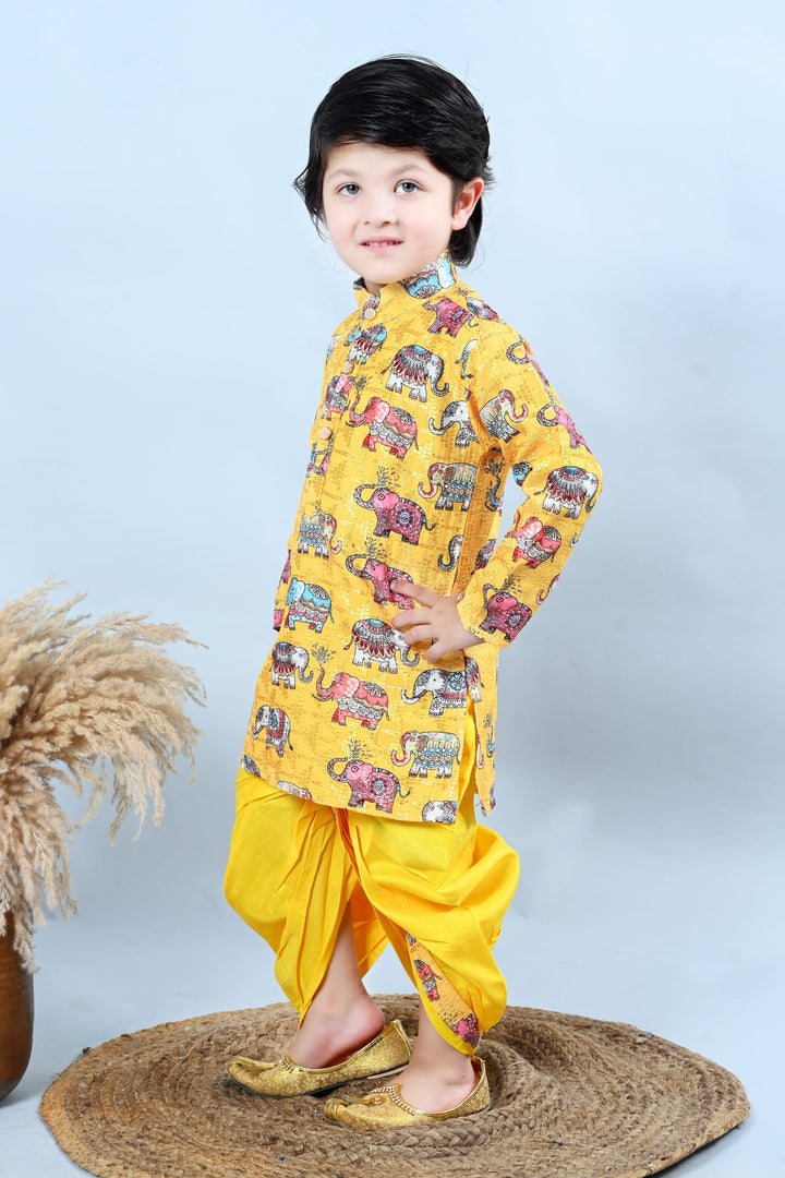 Boys Cotton Silk Crochet Animal Printed Kurta & Dhoti Set - Yellow | SHOBITAM