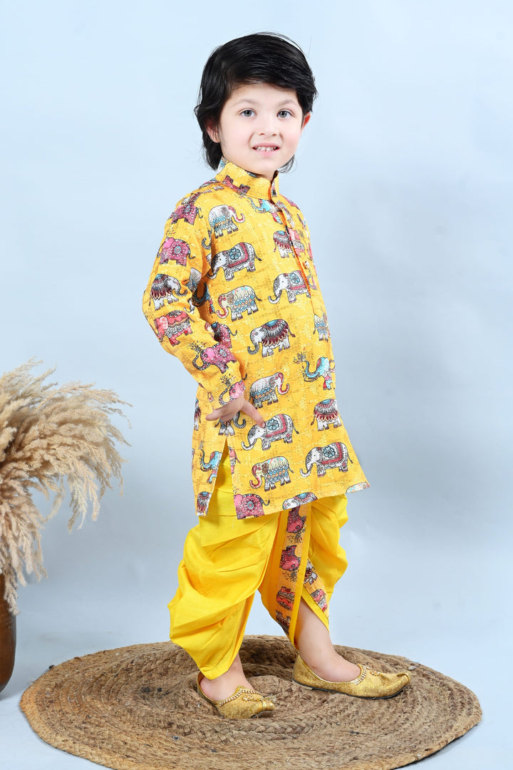 Boys Cotton Silk Crochet Animal Printed Kurta & Dhoti Set - Yellow | SHOBITAM