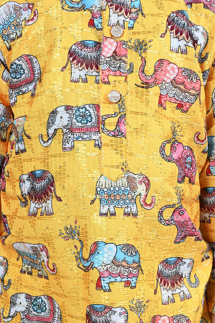 Boys Cotton Silk Crochet Animal Printed Kurta & Dhoti Set - Yellow | SHOBITAM