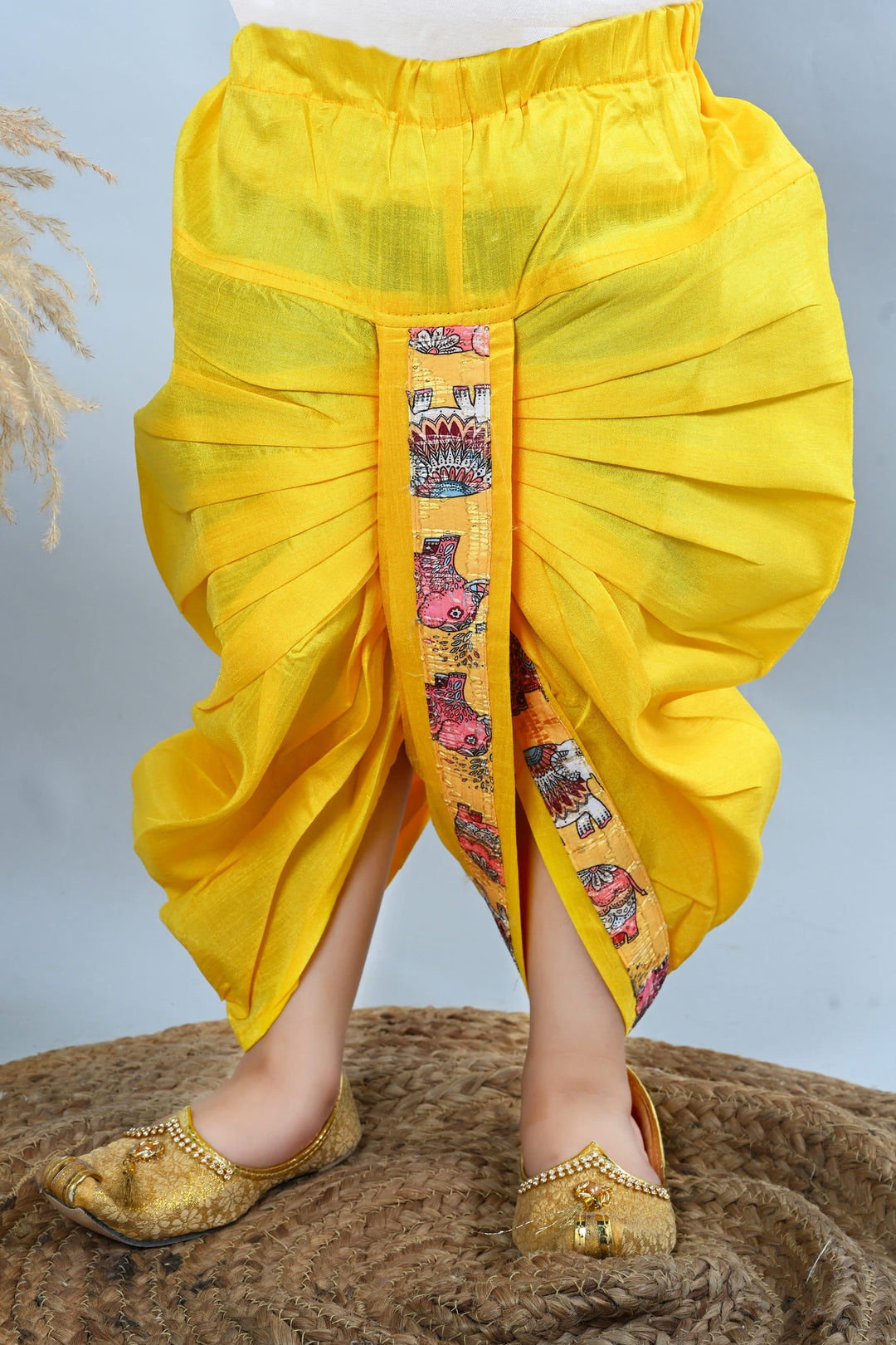 Boys Cotton Silk Crochet Animal Printed Kurta & Dhoti Set - Yellow | SHOBITAM