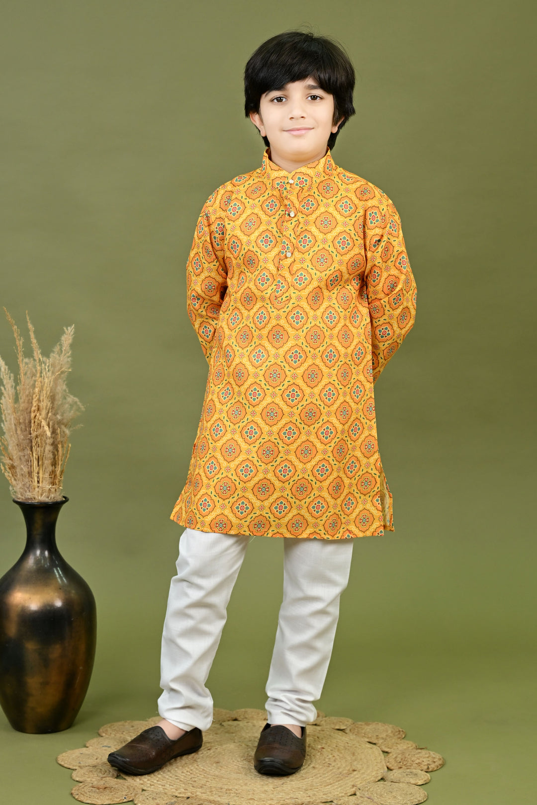 Boys Cotton Jaipuri Block Printed Kurta & Pyjama Set - Mustard | SHOBITAM