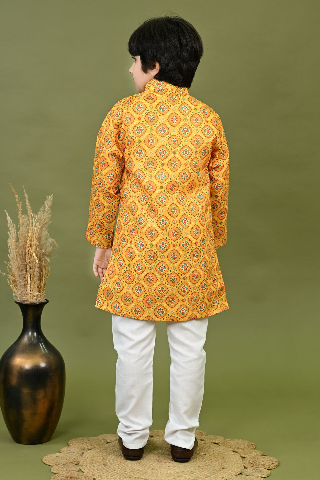 Boys Cotton Jaipuri Block Printed Kurta & Pyjama Set - Mustard | SHOBITAM