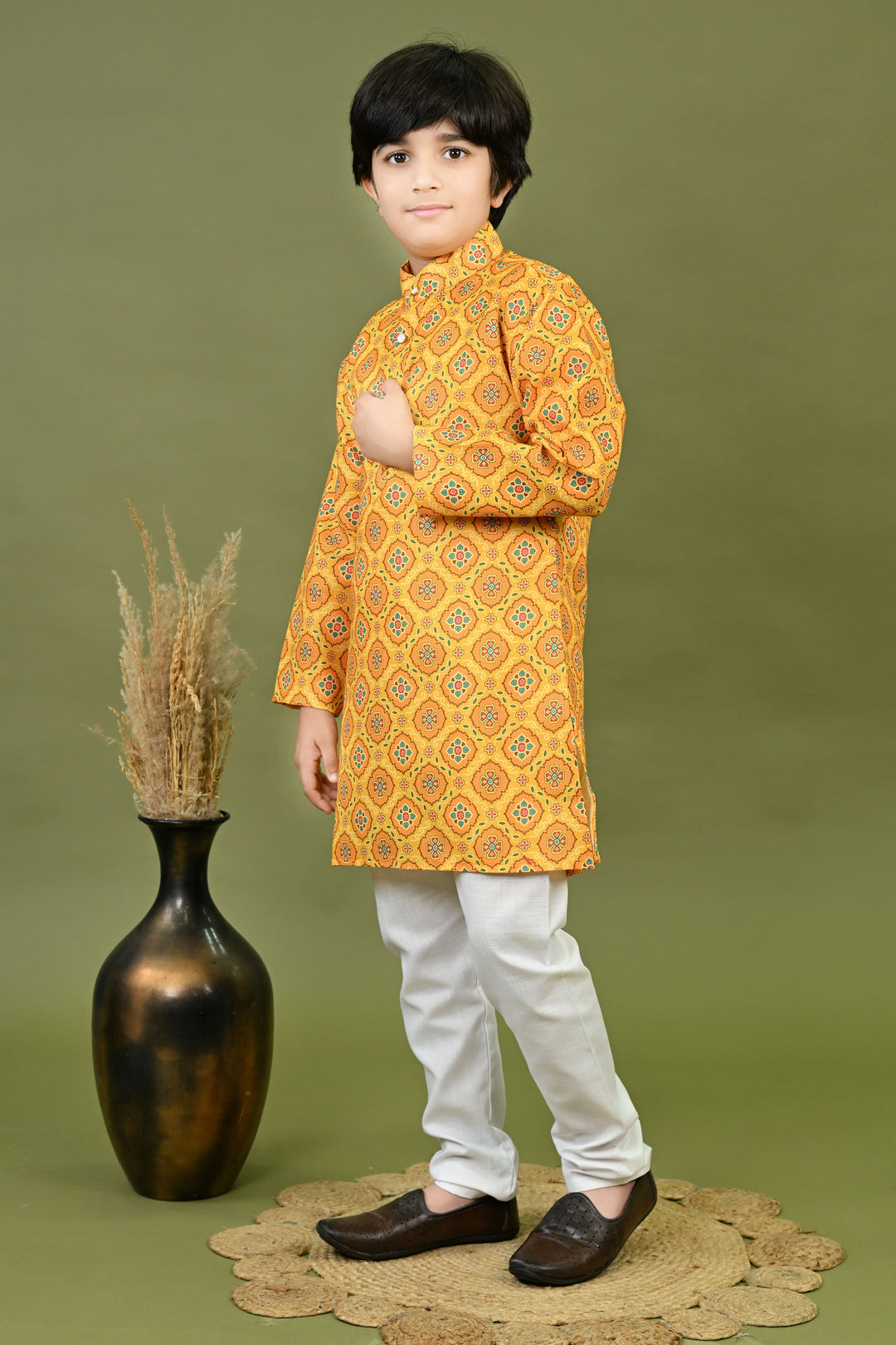 Boys Cotton Jaipuri Block Printed Kurta & Pyjama Set - Mustard | SHOBITAM