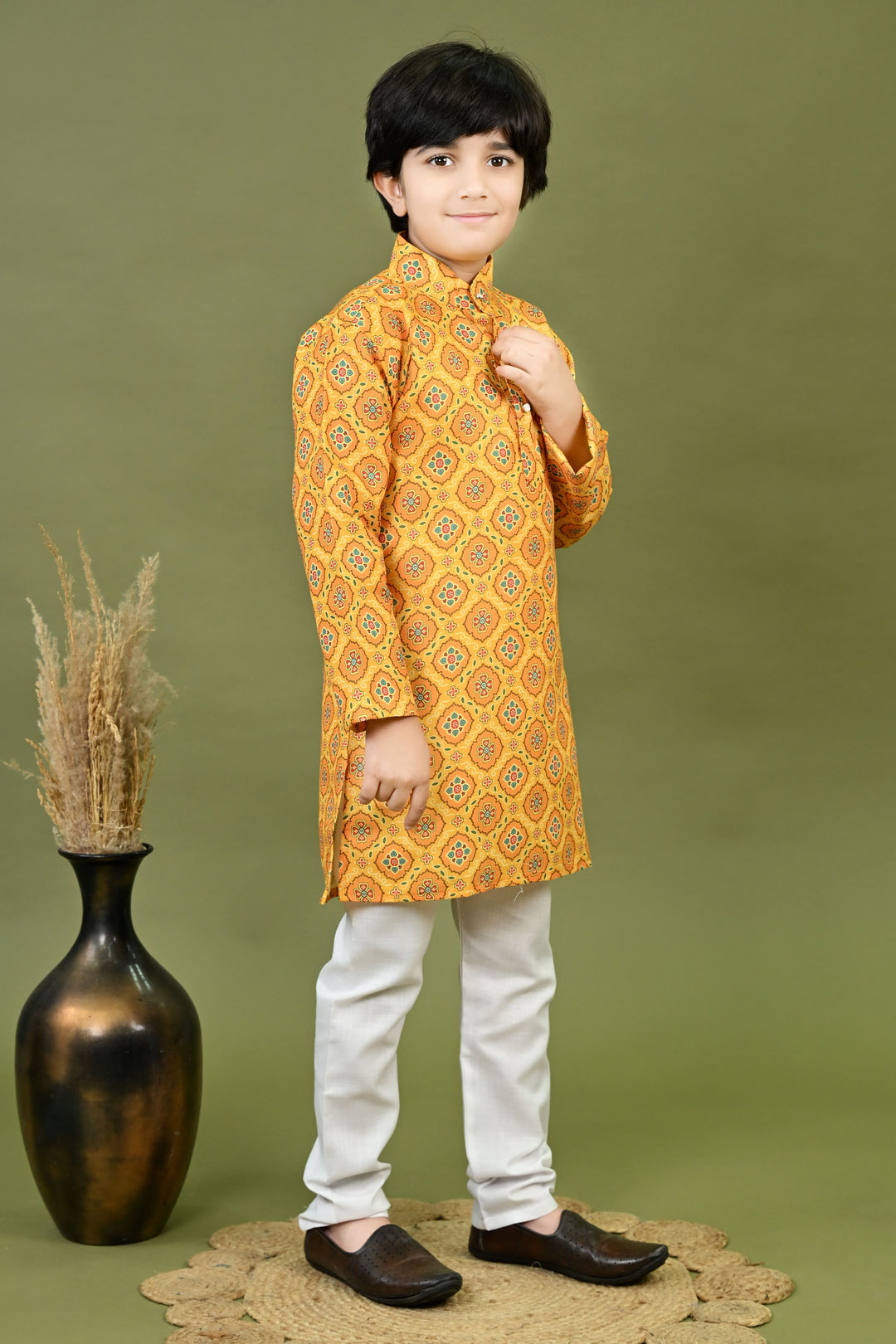 Boys Cotton Jaipuri Block Printed Kurta & Pyjama Set - Mustard | SHOBITAM