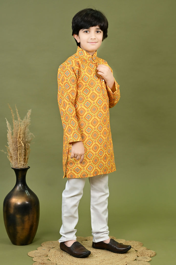 Boys Cotton Jaipuri Block Printed Kurta & Pyjama Set - Mustard | SHOBITAM