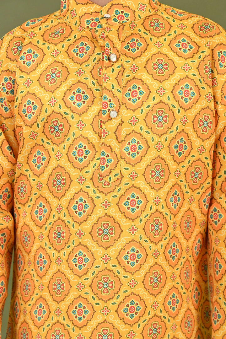 Boys Cotton Jaipuri Block Printed Kurta & Pyjama Set - Mustard | SHOBITAM