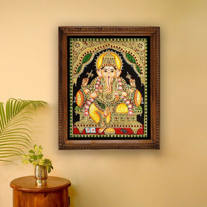 15*12" Yellow Dhothi Ganesha Tanjore painting Authentic with 22 Ct Gold Foil and Jaipur Gemstones, Unframed