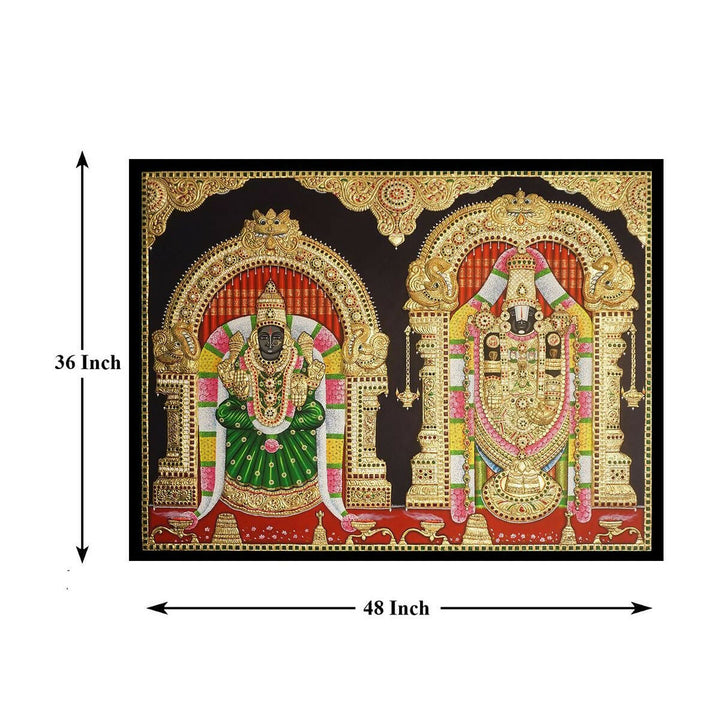 48*36 Tanjore painting of Balaji with padmavathi Authentic With 22 Ct gold Foil and Jaipur Gemstones,Unframed-Sobitam
