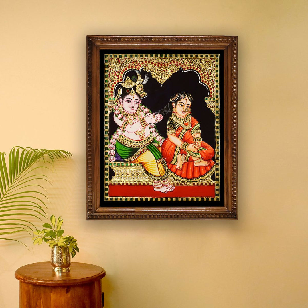 12*15 TANJORE PAINTING Yashoda with Krishna Authentic With 22 Ct Gold Foil and Jaipur Gemstones,Unframed | SHOBITAM